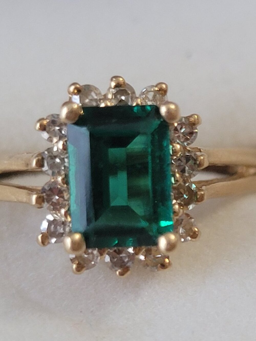 Emerald Diamond 14k Gold Vintage Ring Chatham 14 Diamonds 1980's May Birthstone - Picture 4 of 15